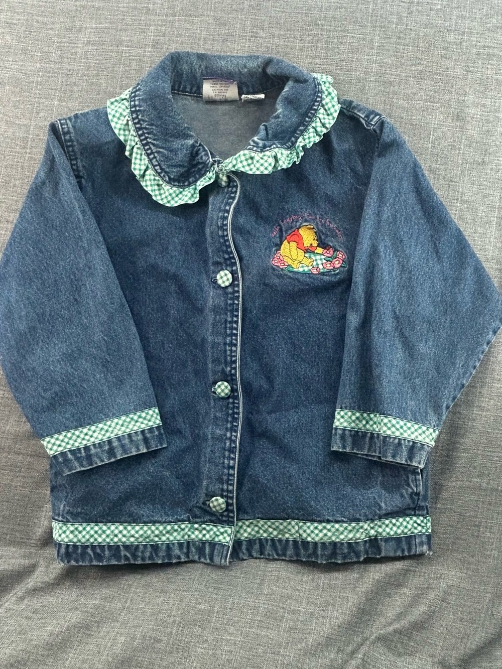 Kids Denim Jacket with Green Gingham Trim and Winnie the Pooh Embroidery